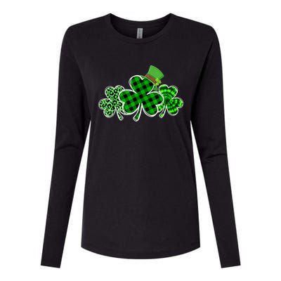 St Patricks Day Shirts Three Leopard And Plaid Shamrocks Womens Cotton Relaxed Long Sleeve T-Shirt