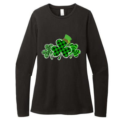 St Patricks Day Shirts Three Leopard And Plaid Shamrocks Womens CVC Long Sleeve Shirt