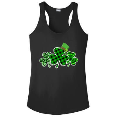 St Patricks Day Shirts Three Leopard And Plaid Shamrocks Ladies PosiCharge Competitor Racerback Tank