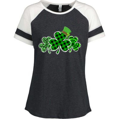 St Patricks Day Shirts Three Leopard And Plaid Shamrocks Enza Ladies Jersey Colorblock Tee