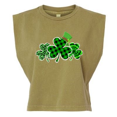 St Patricks Day Shirts Three Leopard And Plaid Shamrocks Garment-Dyed Women's Muscle Tee