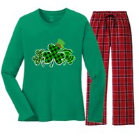 St Patricks Day Shirts Three Leopard And Plaid Shamrocks Women's Long Sleeve Flannel Pajama Set 