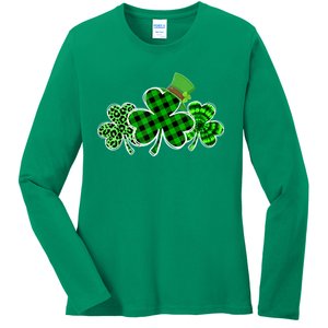 St Patricks Day Shirts Three Leopard And Plaid Shamrocks Ladies Long Sleeve Shirt