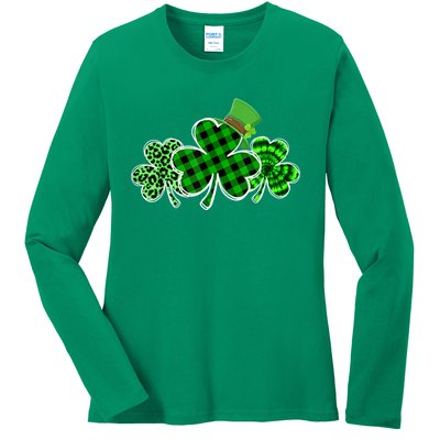 St Patricks Day Shirts Three Leopard And Plaid Shamrocks Ladies Long Sleeve Shirt