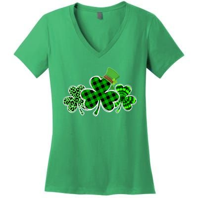 St Patricks Day Shirts Three Leopard And Plaid Shamrocks Women's V-Neck T-Shirt