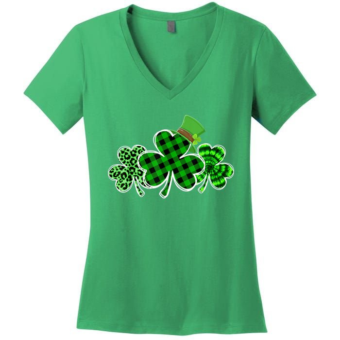 St Patricks Day Shirts Three Leopard And Plaid Shamrocks Women's V-Neck T-Shirt