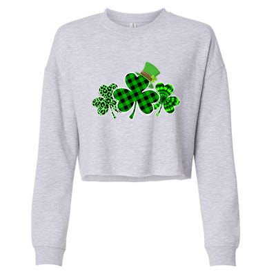 St Patricks Day Shirts Three Leopard And Plaid Shamrocks Cropped Pullover Crew