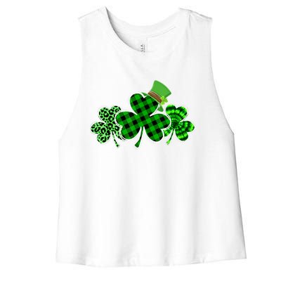 St Patricks Day Shirts Three Leopard And Plaid Shamrocks Women's Racerback Cropped Tank