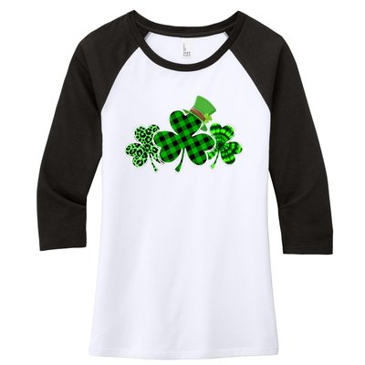 St Patricks Day Shirts Three Leopard And Plaid Shamrocks Women's Tri-Blend 3/4-Sleeve Raglan Shirt