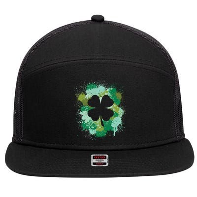 St Patricks Day 4 Leaf Clover Irish Green Color Splashes Lucky Shamrock Art 7 Panel Mesh Trucker Snapback Hat