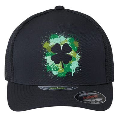 St Patricks Day 4 Leaf Clover Irish Green Color Splashes Lucky Shamrock Art Flexfit Unipanel Trucker Cap