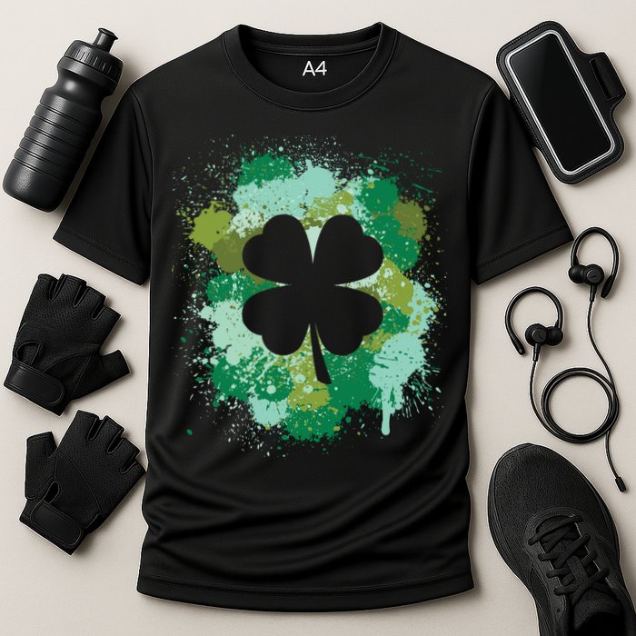 St Patricks Day 4 Leaf Clover Irish Green Color Splashes Lucky Shamrock Art Performance Shirt