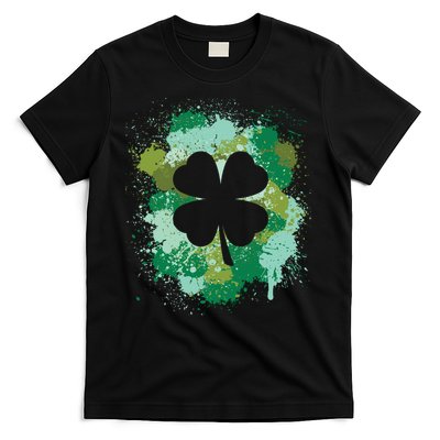 St Patricks Day 4 Leaf Clover Irish Green Color Splashes Lucky Shamrock Art T-Shirt
