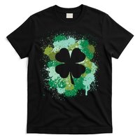 St Patricks Day 4 Leaf Clover Irish Green Color Splashes Lucky Shamrock Art T-Shirt