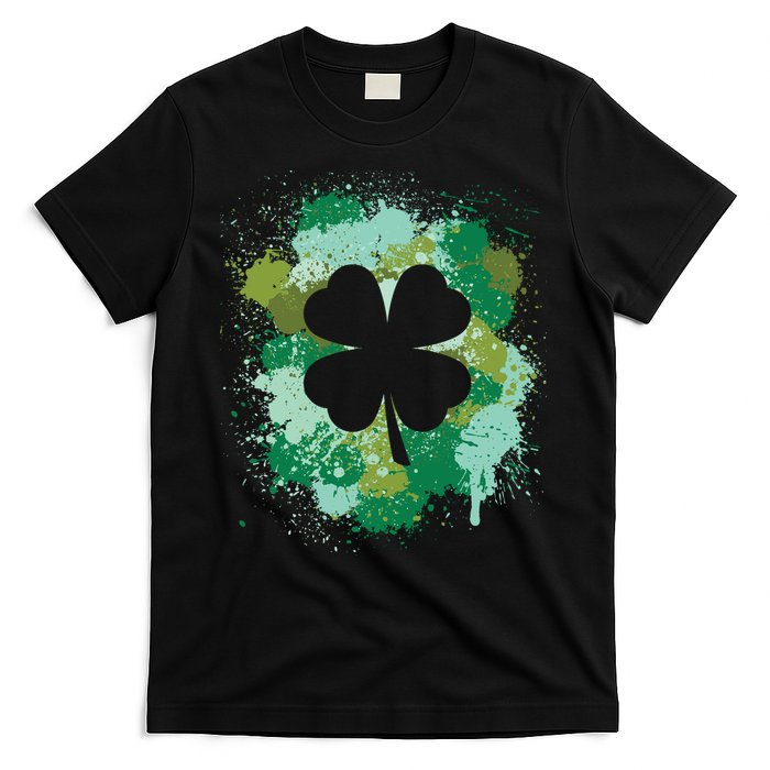 St Patricks Day 4 Leaf Clover Irish Green Color Splashes Lucky Shamrock Art T-Shirt