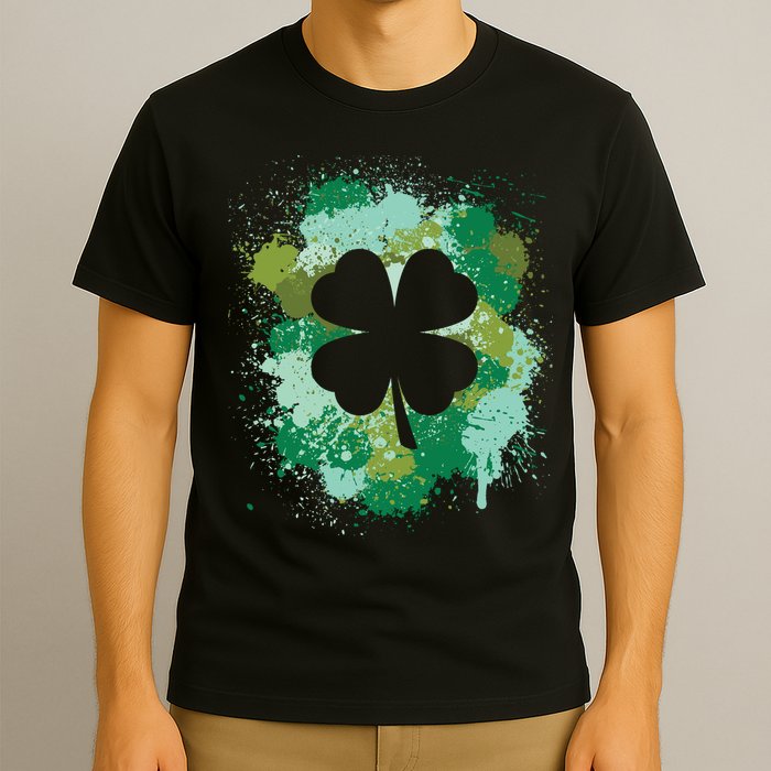St Patricks Day 4 Leaf Clover Irish Green Color Splashes Lucky Shamrock Art T-Shirt