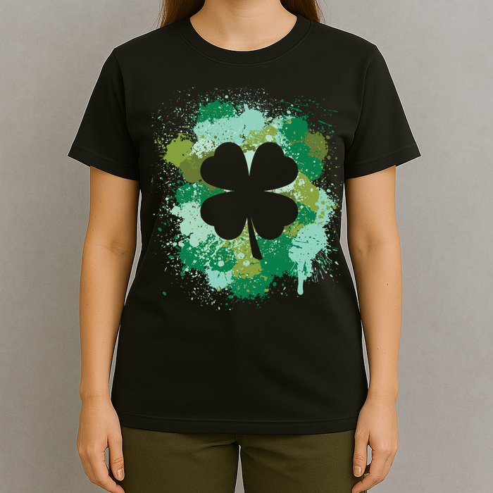 St Patricks Day 4 Leaf Clover Irish Green Color Splashes Lucky Shamrock Art T-Shirt
