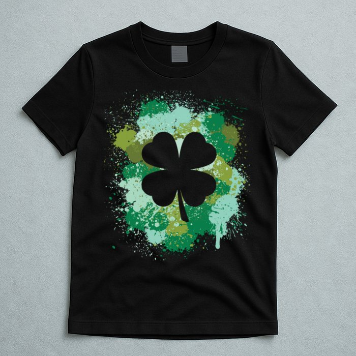 St Patricks Day 4 Leaf Clover Irish Green Color Splashes Lucky Shamrock Art T-Shirt