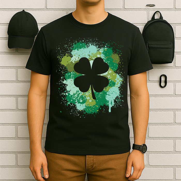 St Patricks Day 4 Leaf Clover Irish Green Color Splashes Lucky Shamrock Art T-Shirt