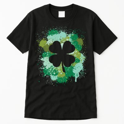 St Patricks Day 4 Leaf Clover Irish Green Color Splashes Lucky Shamrock Art Tall T-Shirt
