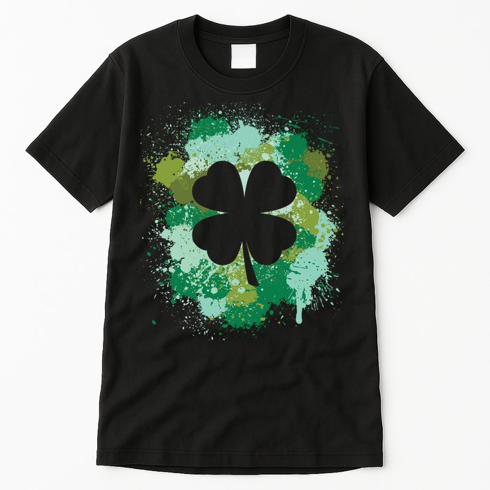 St Patricks Day 4 Leaf Clover Irish Green Color Splashes Lucky Shamrock Art Tall T-Shirt