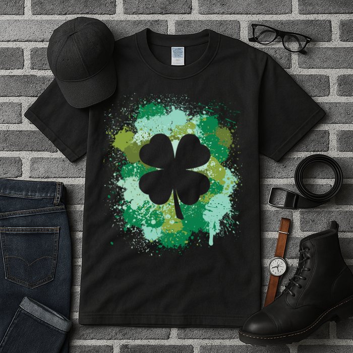 St Patricks Day 4 Leaf Clover Irish Green Color Splashes Lucky Shamrock Art Tall T-Shirt
