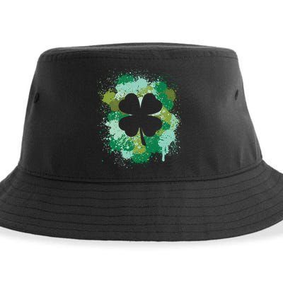 St Patricks Day 4 Leaf Clover Irish Green Color Splashes Lucky Shamrock Art Sustainable Bucket Hat