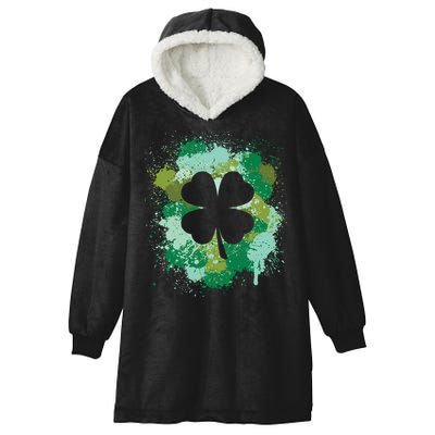 St Patricks Day 4 Leaf Clover Irish Green Color Splashes Lucky Shamrock Art Hooded Wearable Blanket