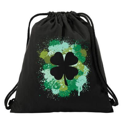 St Patricks Day 4 Leaf Clover Irish Green Color Splashes Lucky Shamrock Art Drawstring Bag