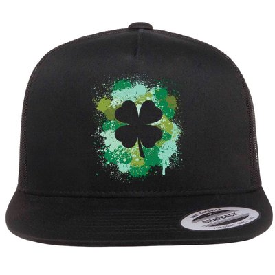 St Patricks Day 4 Leaf Clover Irish Green Color Splashes Lucky Shamrock Art Flatbill Hat