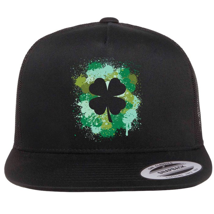 St Patricks Day 4 Leaf Clover Irish Green Color Splashes Lucky Shamrock Art Flatbill Hat
