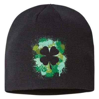 St Patricks Day 4 Leaf Clover Irish Green Color Splashes Lucky Shamrock Art Sustainable Beanie