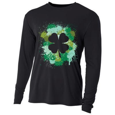 St Patricks Day 4 Leaf Clover Irish Green Color Splashes Lucky Shamrock Art Cooling Performance Long Sleeve Crew