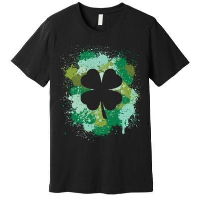 St Patricks Day 4 Leaf Clover Irish Green Color Splashes Lucky Shamrock Art Premium T-Shirt