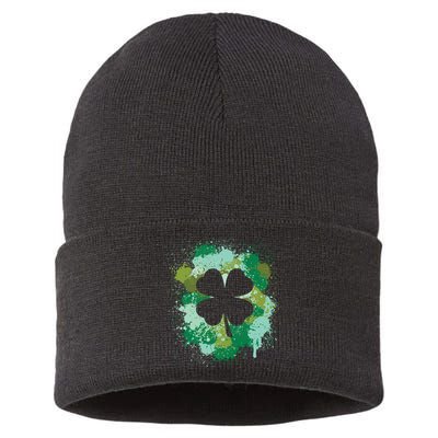 St Patricks Day 4 Leaf Clover Irish Green Color Splashes Lucky Shamrock Art Sustainable Knit Beanie