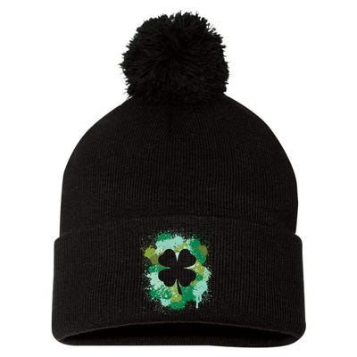 St Patricks Day 4 Leaf Clover Irish Green Color Splashes Lucky Shamrock Art Pom Pom 12in Knit Beanie