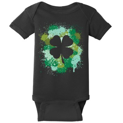 St Patricks Day 4 Leaf Clover Irish Green Color Splashes Lucky Shamrock Art Baby Bodysuit