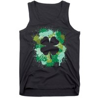 St Patricks Day 4 Leaf Clover Irish Green Color Splashes Lucky Shamrock Art Tank Top