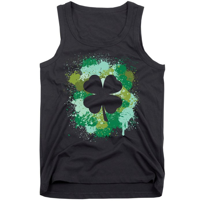 St Patricks Day 4 Leaf Clover Irish Green Color Splashes Lucky Shamrock Art Tank Top