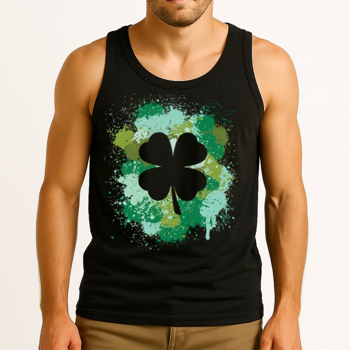 St Patricks Day 4 Leaf Clover Irish Green Color Splashes Lucky Shamrock Art Tank Top