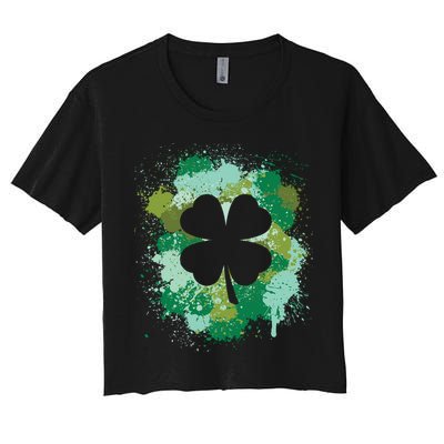 St Patricks Day 4 Leaf Clover Irish Green Color Splashes Lucky Shamrock Art Crop Top
