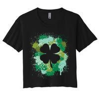 St Patricks Day 4 Leaf Clover Irish Green Color Splashes Lucky Shamrock Art Crop Top
