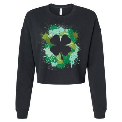 St Patricks Day 4 Leaf Clover Irish Green Color Splashes Lucky Shamrock Art Cropped Pullover Crew