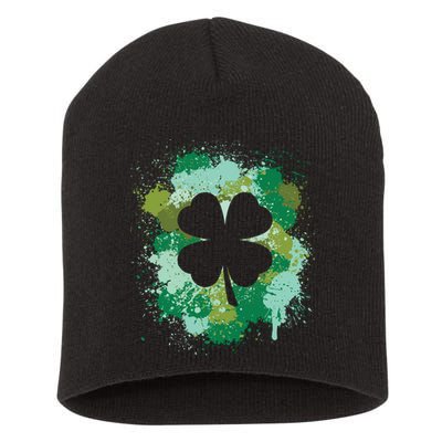 St Patricks Day 4 Leaf Clover Irish Green Color Splashes Lucky Shamrock Art Short Acrylic Beanie