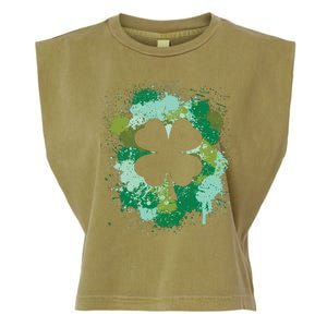 St Patricks Day 4 Leaf Clover Irish Green Color Splashes Lucky Shamrock Art Garment-Dyed Women's Muscle Tee