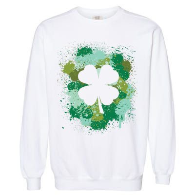 St Patricks Day 4 Leaf Clover Irish Green Color Splashes Lucky Shamrock Art Garment-Dyed Sweatshirt