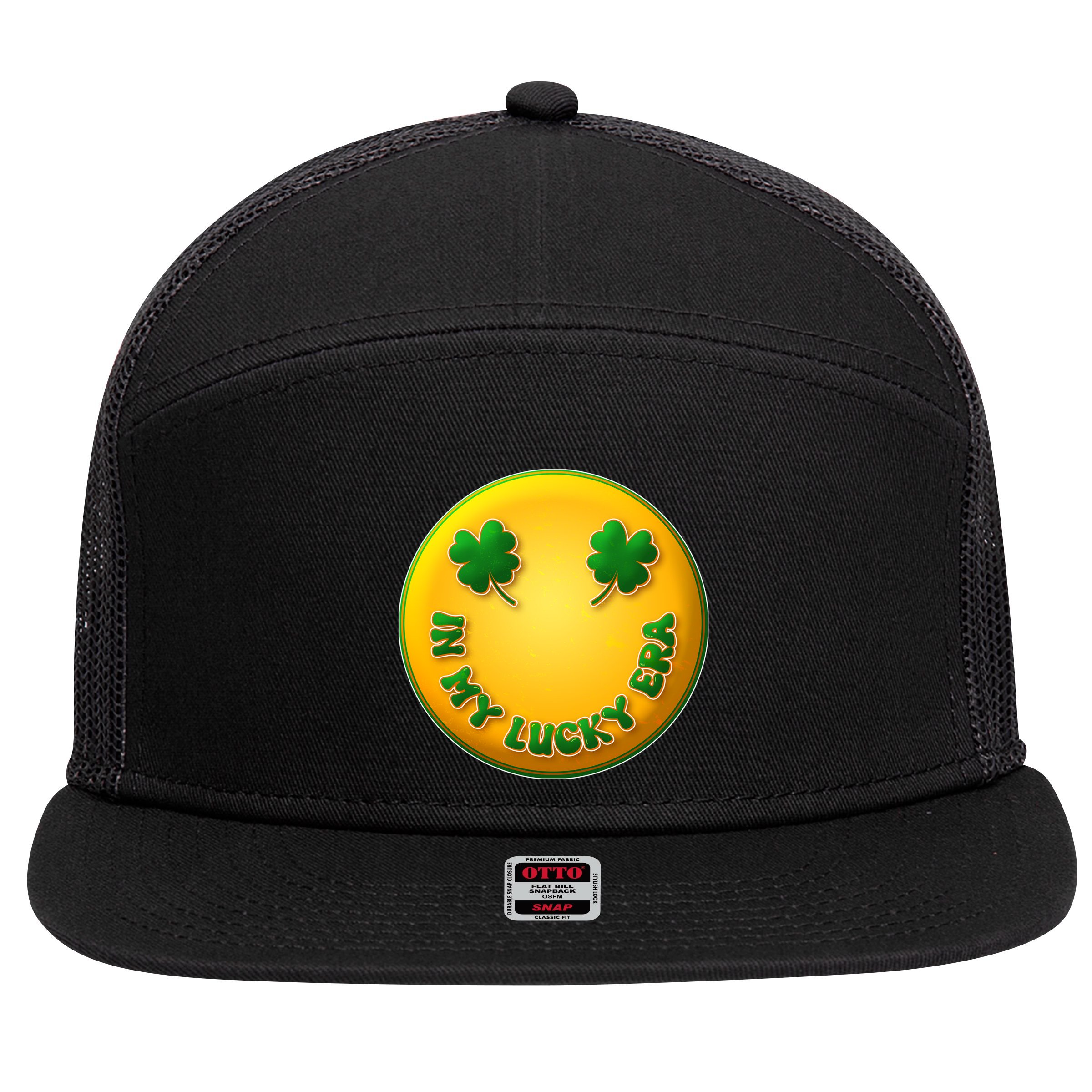 St Patricks Day In My Lucky Era Smiley Emoji 7 Panel Mesh Trucker Snapback Hat