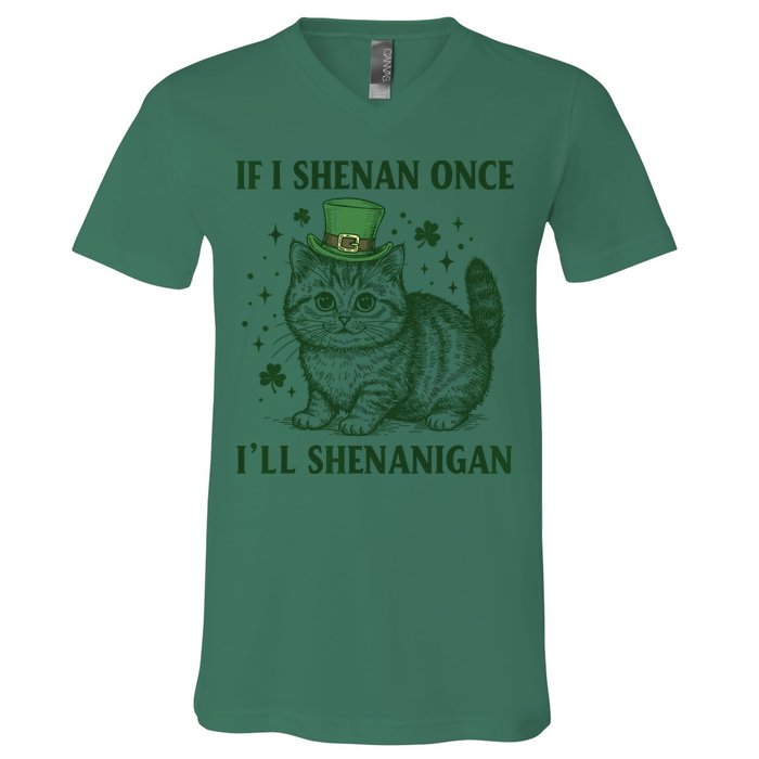 St Patricks Day If I Shenan Once I’Ll Shenanigan Funny Cat V-Neck T-Shirt