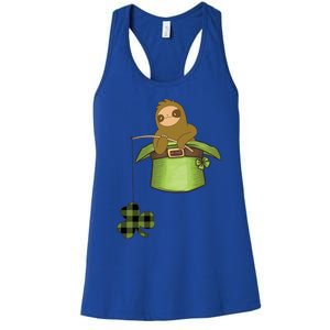 St Patricks Day Fishing Sloth Shamrock Plaid Ireland Clover Gift Women's Racerback Tank