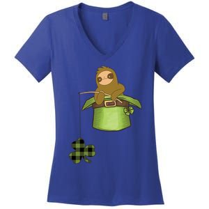 St Patricks Day Fishing Sloth Shamrock Plaid Ireland Clover Gift Women's V-Neck T-Shirt